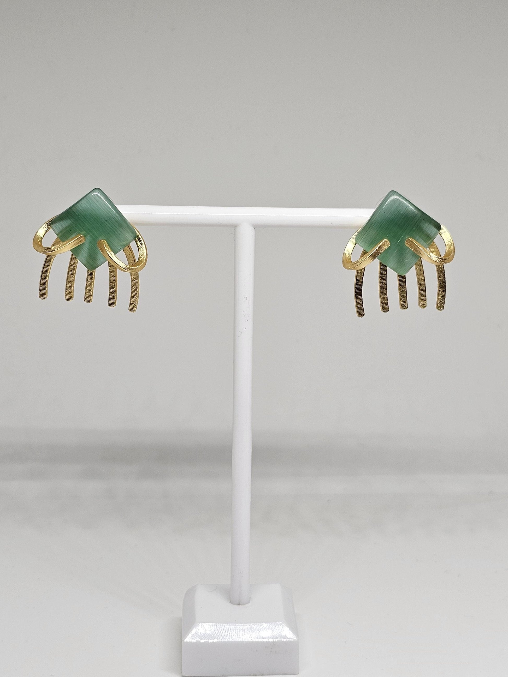 Geometric Stone Stud Earrings with Brass Fringe – Modern Handmade Jewelry in Green, Orange & Peach for Women, Golden Brass Earrings Gift