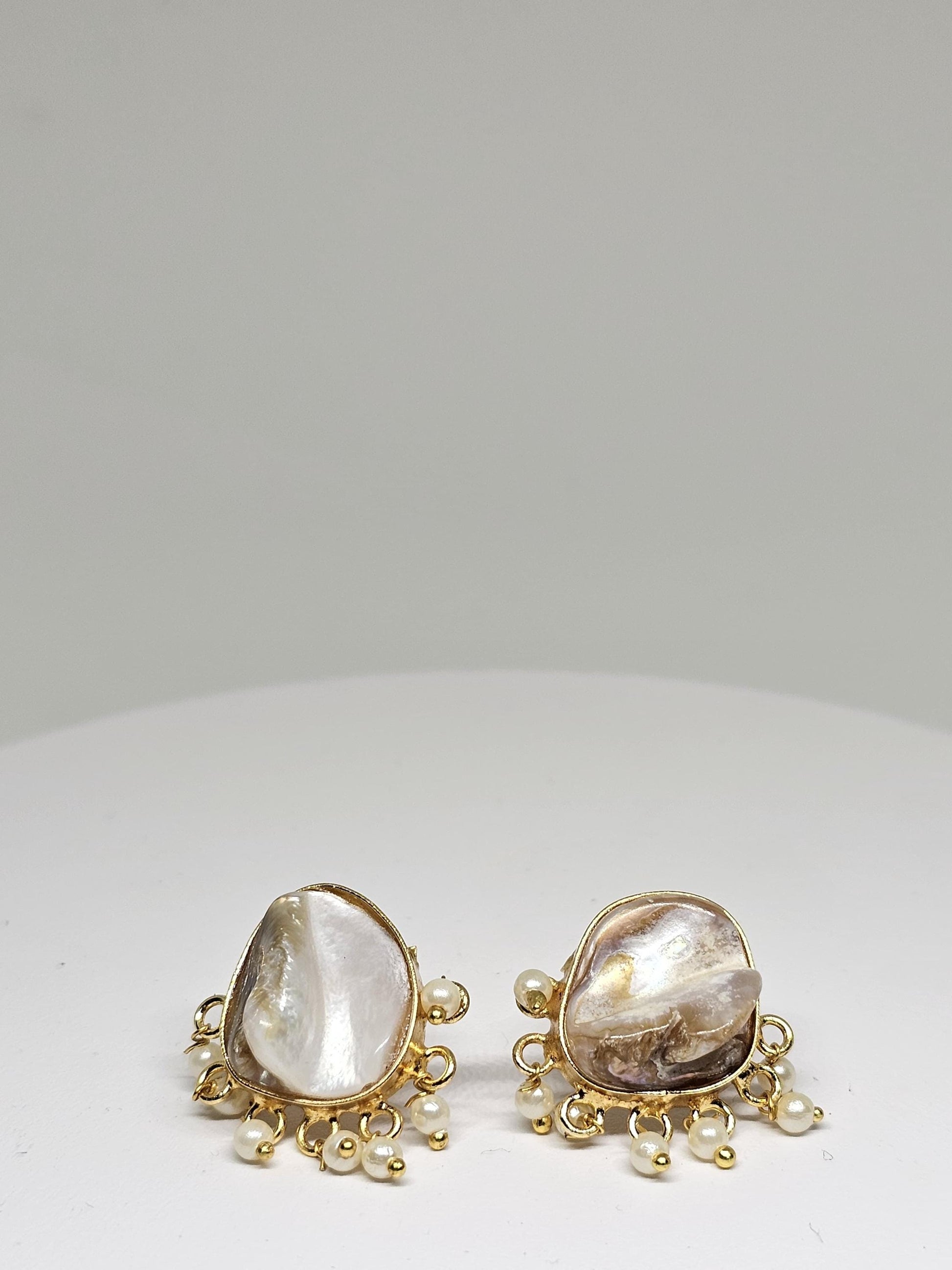 Gold Mother of Pearl Stud Earrings - Handmade Ethnic Earrings, Indian Bridal Earrings, Traditional Jewelry, Gift for Women