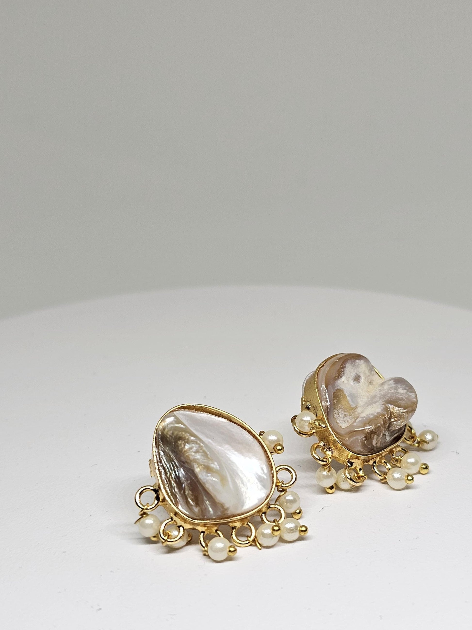 Gold Mother of Pearl Stud Earrings - Handmade Ethnic Earrings, Indian Bridal Earrings, Traditional Jewelry, Gift for Women