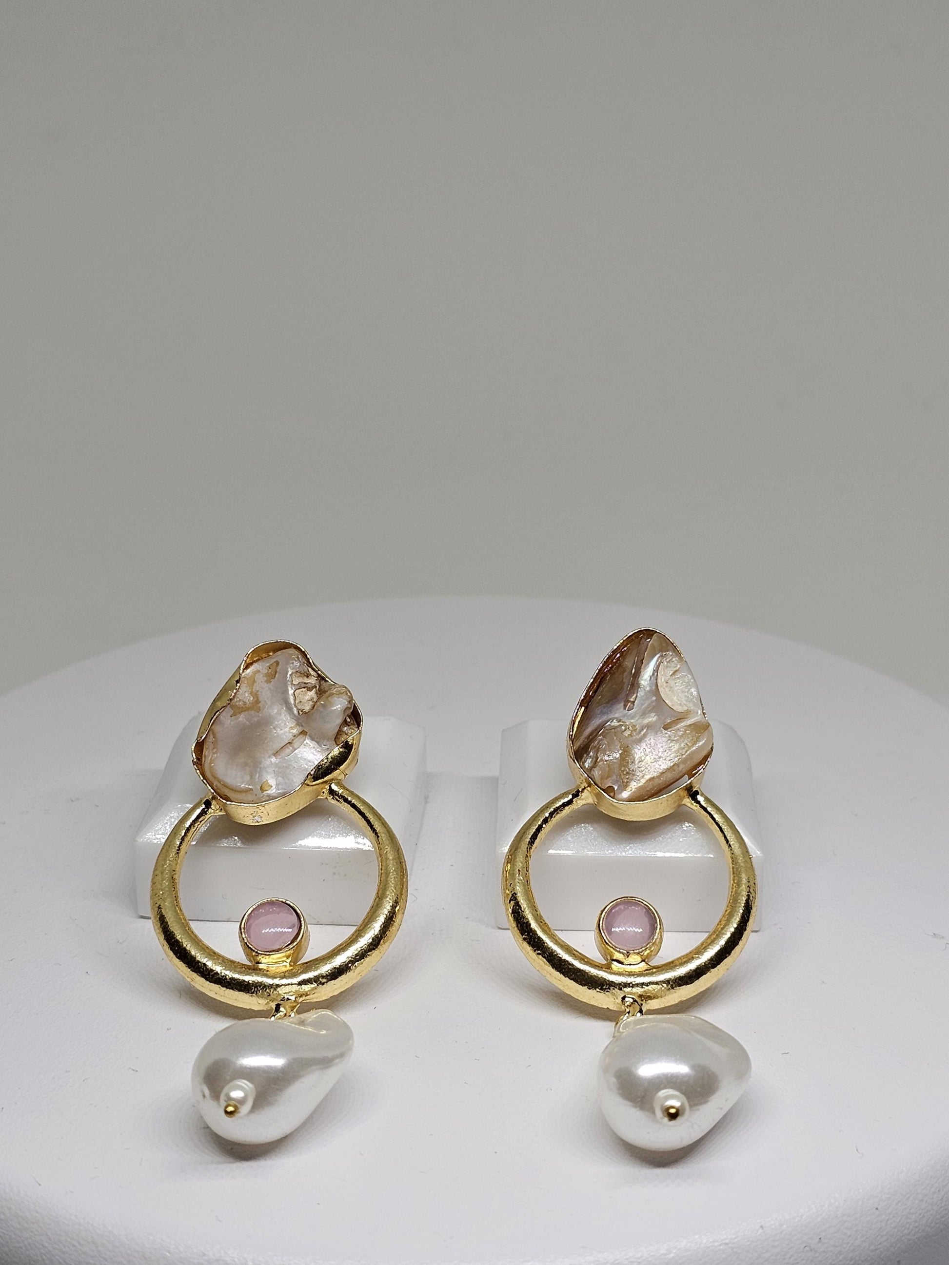 Baroque Pearl Drop Earrings – Gold-Plated Dangle Earrings – Handmade Natural Stone Earrings – Elegant Statement Earrings for Women