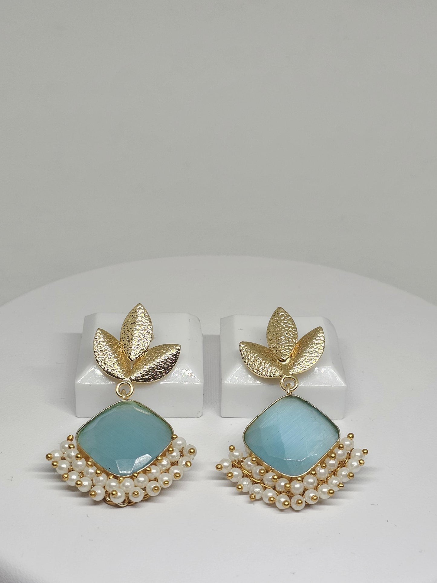 Gold-Plated Brass Earrings with Blue or Peach color Monalisa Stone & Pearls – Ethnic Indian Earrings for Women , Gift Ideas for her