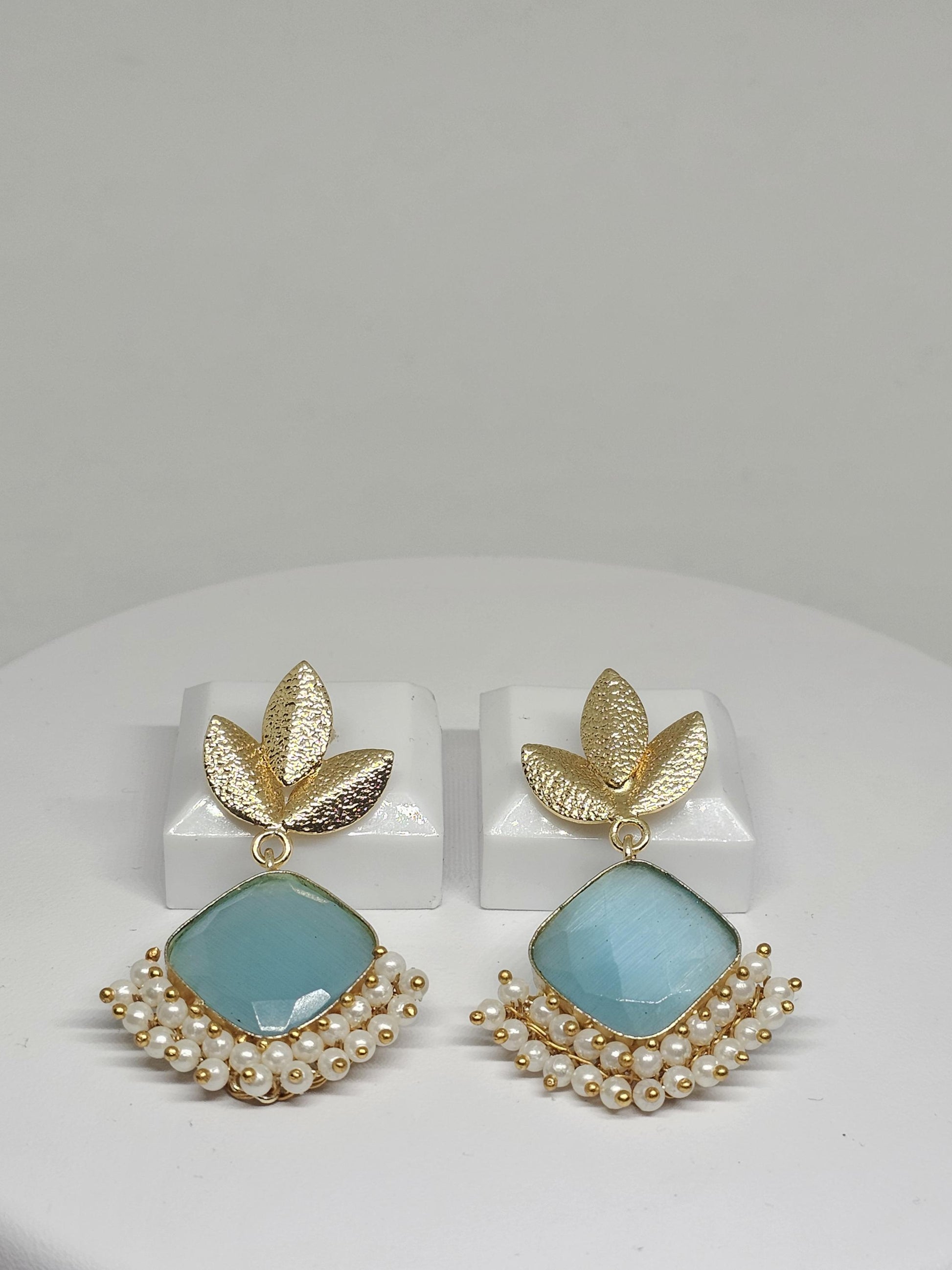 Gold-Plated Brass Earrings with Blue or Peach color Monalisa Stone & Pearls – Ethnic Indian Earrings for Women , Gift Ideas for her