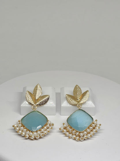Gold-Plated Brass Earrings with Blue or Peach color Monalisa Stone & Pearls – Ethnic Indian Earrings for Women , Gift Ideas for her