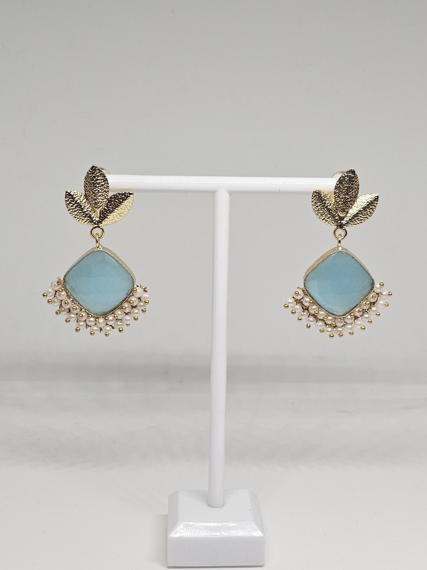 Gold-Plated Brass Earrings with Blue or Peach color Monalisa Stone & Pearls – Ethnic Indian Earrings for Women , Gift Ideas for her