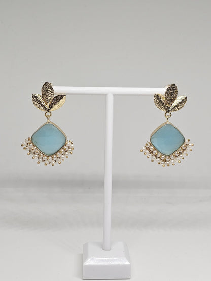 Gold-Plated Brass Earrings with Blue or Peach color Monalisa Stone & Pearls – Ethnic Indian Earrings for Women , Gift Ideas for her