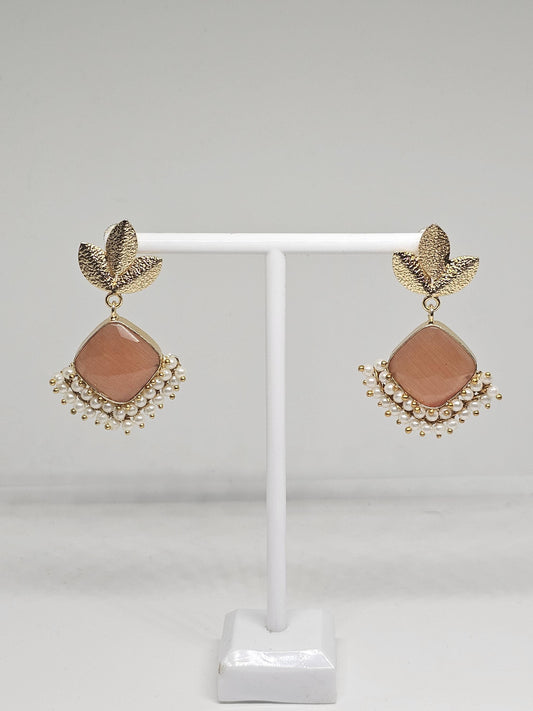 Gold-Plated Brass Earrings with Blue or Peach color Monalisa Stone & Pearls – Ethnic Indian Earrings for Women , Gift Ideas for her