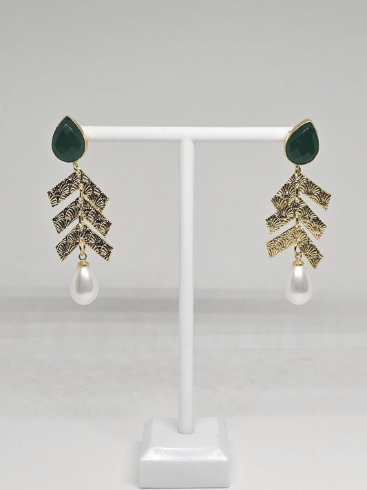 Brass Drop Earrings for Women – Green Stone & Pearl Dangle Earrings | Indian Ethnic Earrings | Gift for Her, Lightweight Earrings for Girls