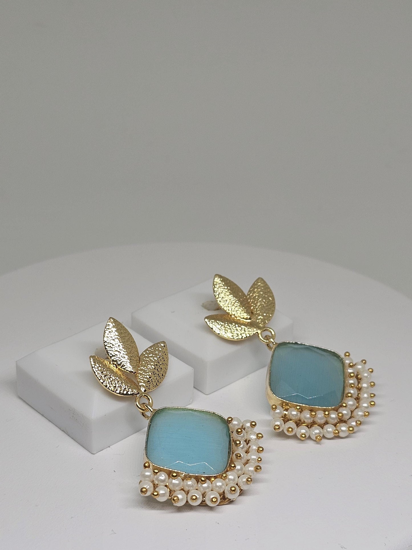 Gold-Plated Brass Earrings with Blue or Peach color Monalisa Stone & Pearls – Ethnic Indian Earrings for Women , Gift Ideas for her