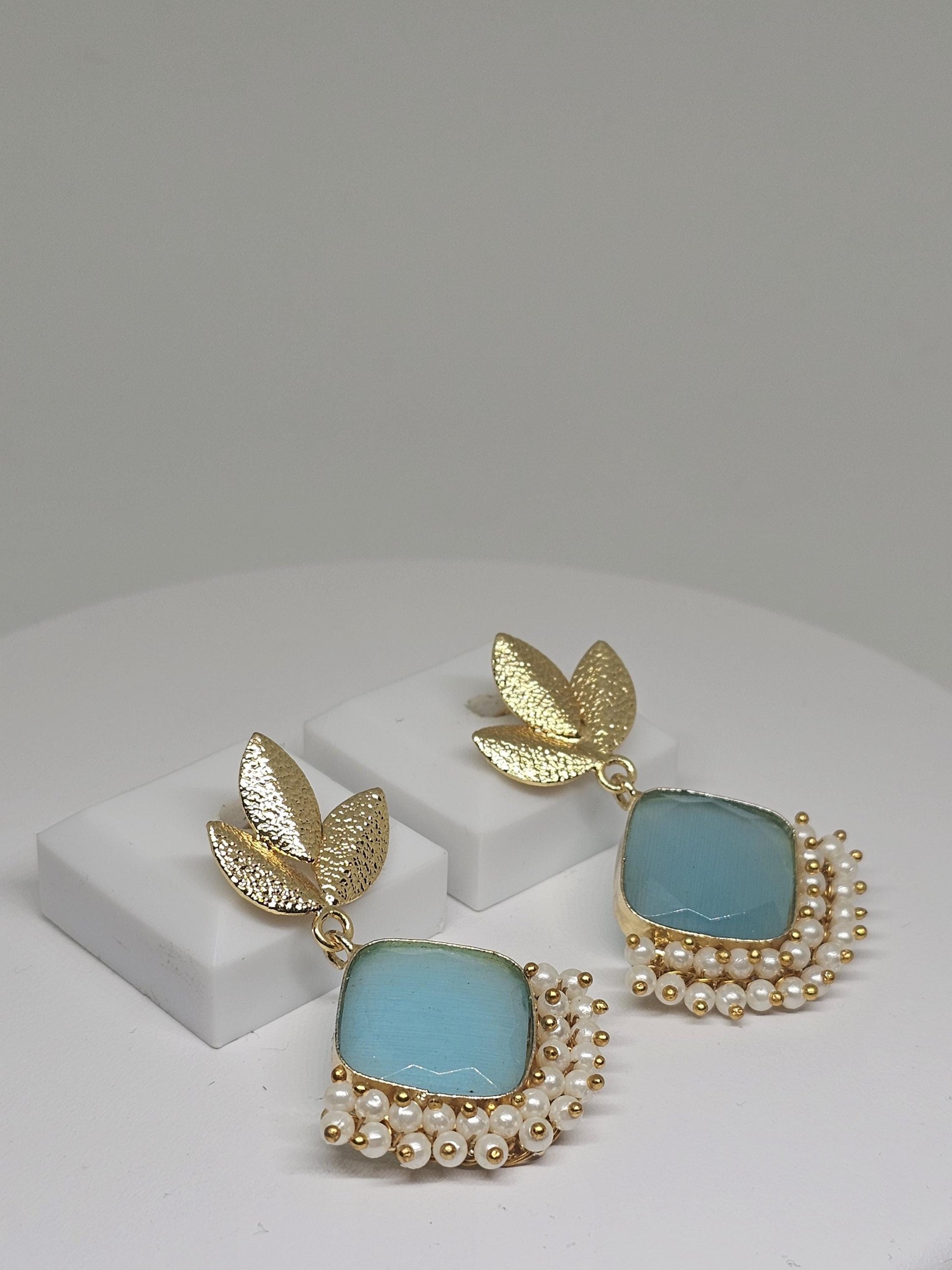 Gold-Plated Brass Earrings with Blue or Peach color Monalisa Stone & Pearls – Ethnic Indian Earrings for Women , Gift Ideas for her
