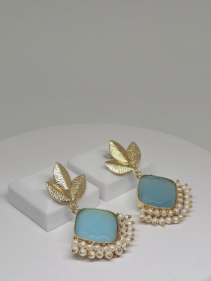 Gold-Plated Brass Earrings with Blue or Peach color Monalisa Stone & Pearls – Ethnic Indian Earrings for Women , Gift Ideas for her