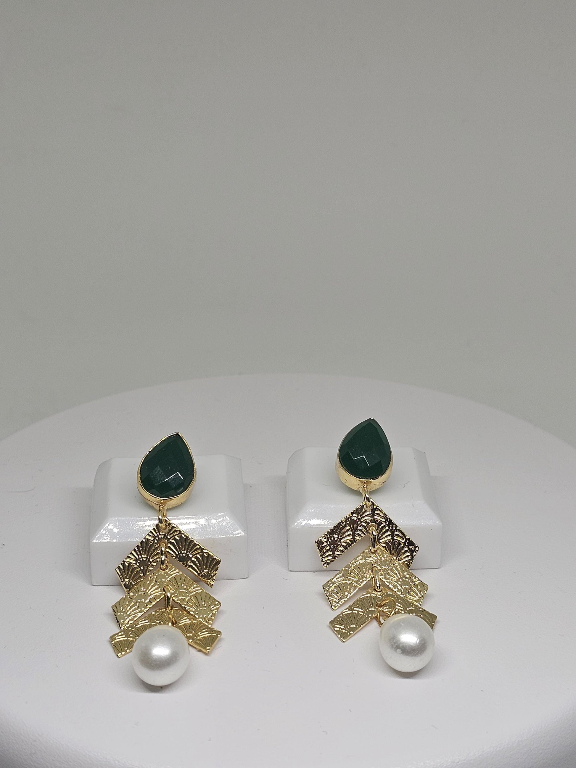 Brass Drop Earrings for Women – Green Stone & Pearl Dangle Earrings | Indian Ethnic Earrings | Gift for Her, Lightweight Earrings for Girls