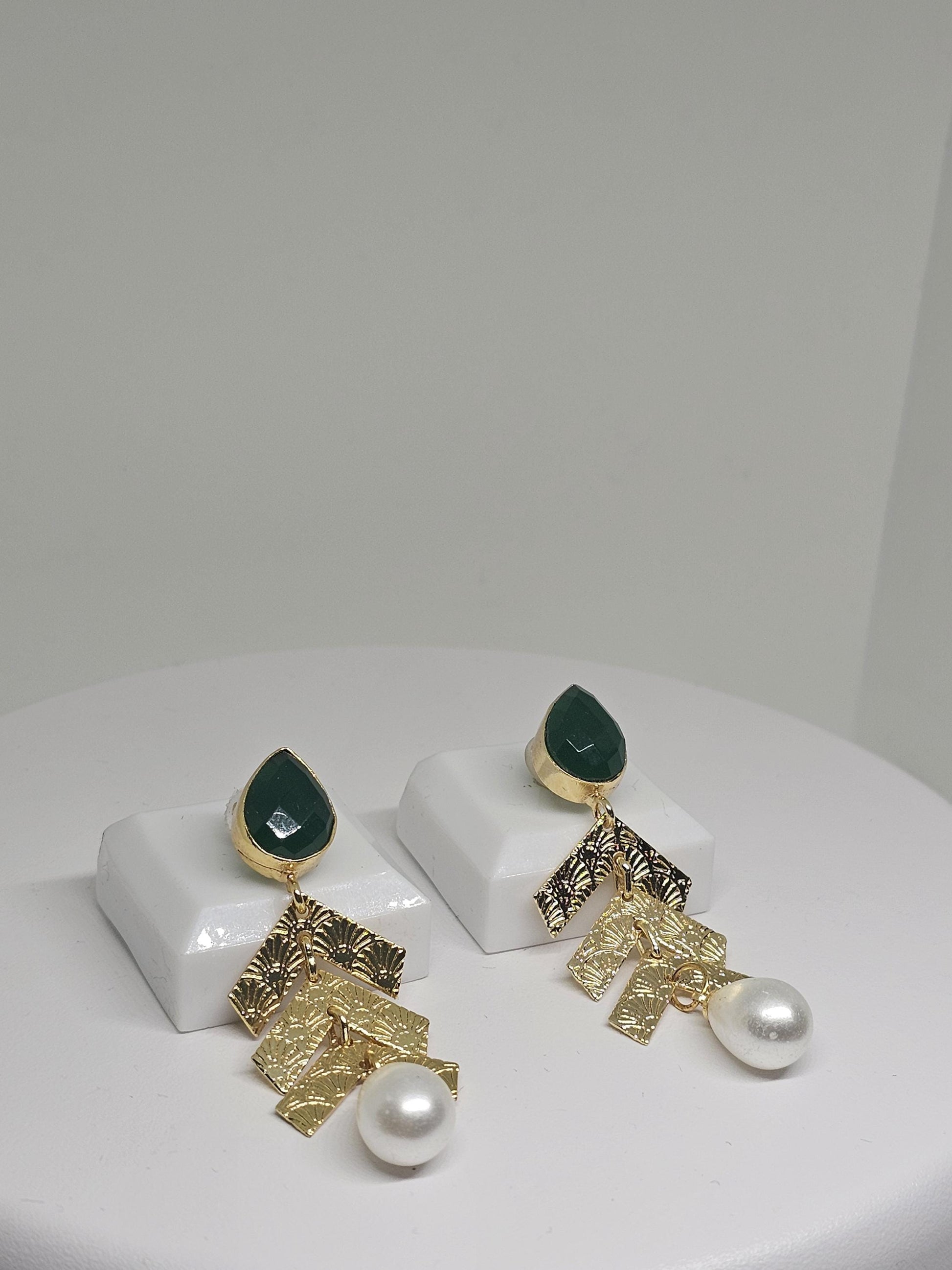 Brass Drop Earrings for Women – Green Stone & Pearl Dangle Earrings | Indian Ethnic Earrings | Gift for Her, Lightweight Earrings for Girls