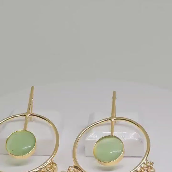 Gold Plated Hoop Earrings with Green Stone and Pearl Dangles, Boho Chic Handcrafted Jewelry, Elegant Ethnic Fashion Accessories for Women
