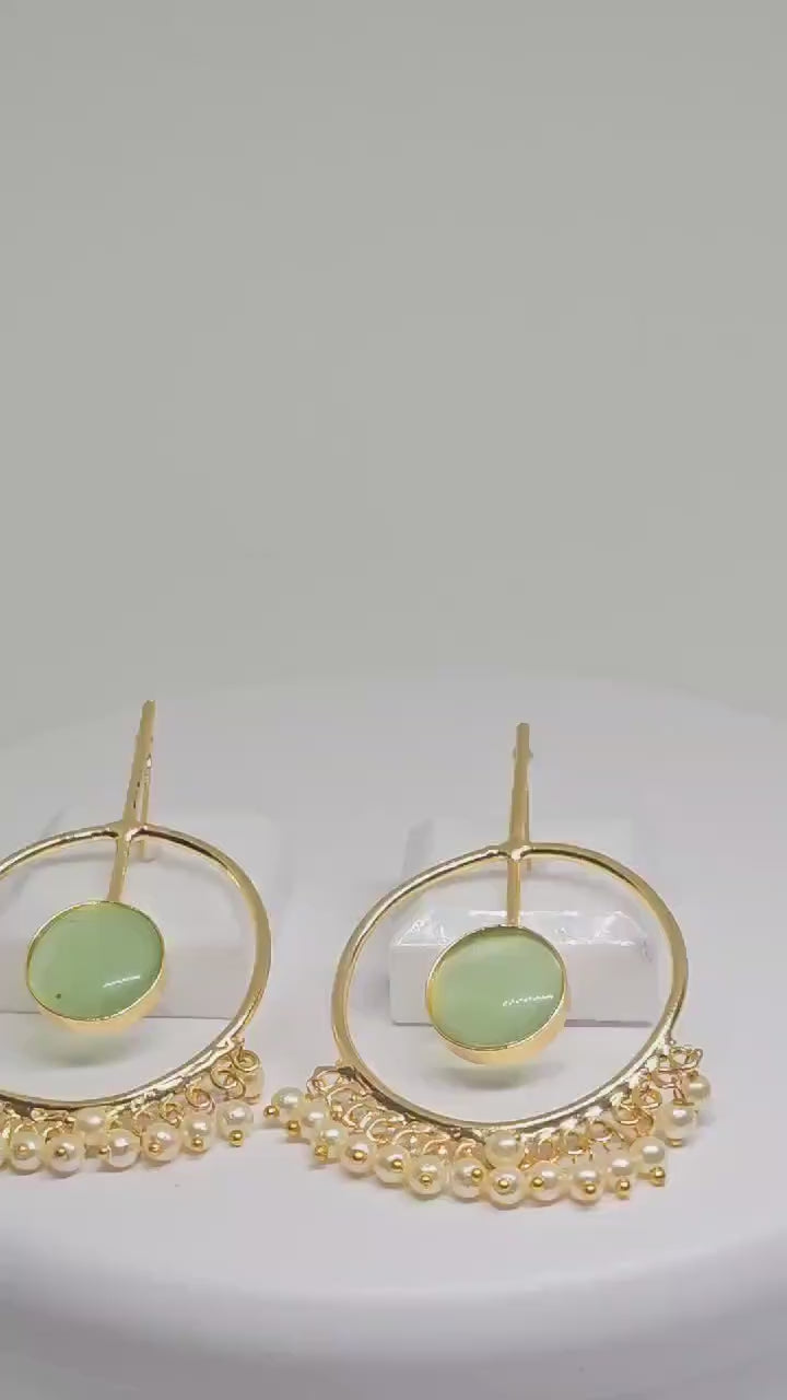 Gold Plated Hoop Earrings with Green Stone and Pearl Dangles, Boho Chic Handcrafted Jewelry, Elegant Ethnic Fashion Accessories for Women
