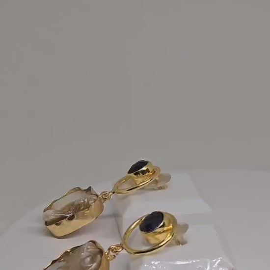 Elegant Gold-Plated Drop Earrings with Natural Pearl Shell and Blue Stone – Handmade Lightweight Brass for Women’s Everyday and Party Wear