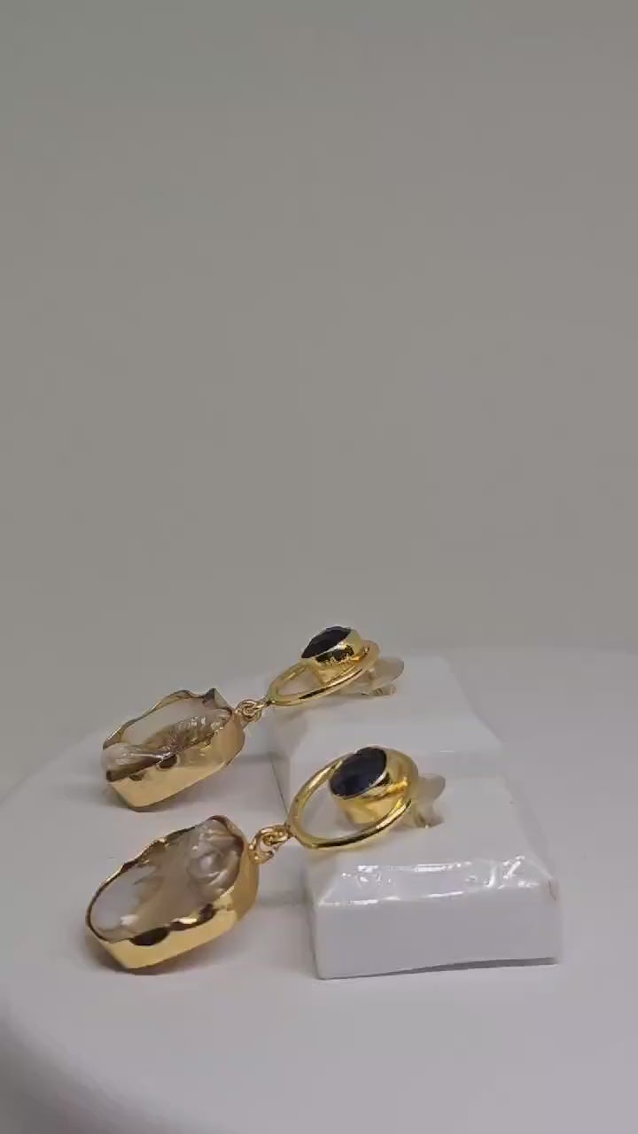 Elegant Gold-Plated Drop Earrings with Natural Pearl Shell and Blue Stone – Handmade Lightweight Brass for Women’s Everyday and Party Wear