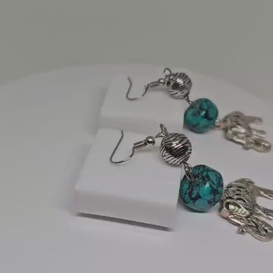 TURQUOISE STONE EARRINGS - Elephant Charm Earrings, Womens Dangle Earrings, Handmade Earrings, Silver Stone Earrings, Boho Earrings for Gift