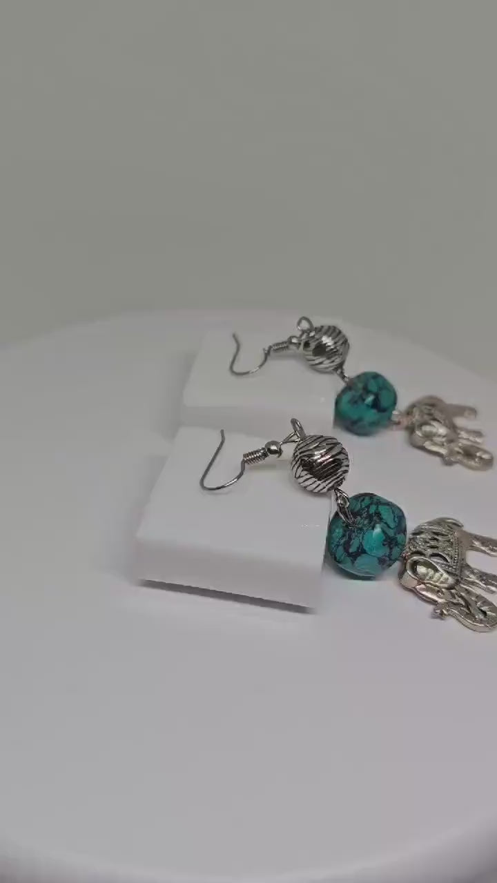 TURQUOISE STONE EARRINGS - Elephant Charm Earrings, Womens Dangle Earrings, Handmade Earrings, Silver Stone Earrings, Boho Earrings for Gift