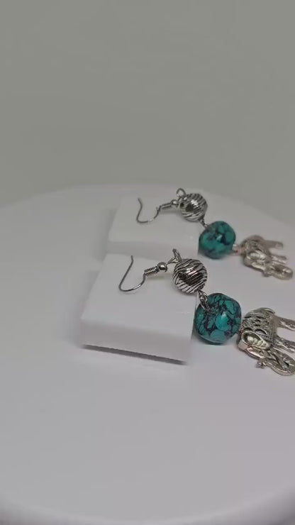 TURQUOISE STONE EARRINGS - Elephant Charm Earrings, Womens Dangle Earrings, Handmade Earrings, Silver Stone Earrings, Boho Earrings for Gift