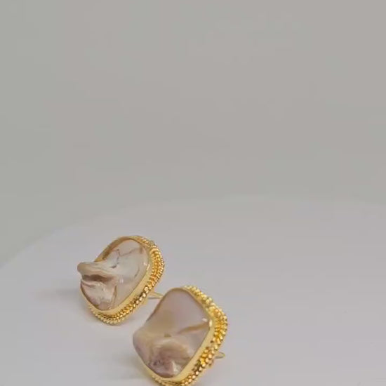 Handmade Gold-Plated Stud Earrings with Natural Mother of Pearl Shell – Elegant Women's Jewelry for Weddings, Parties, and Christmas Gift