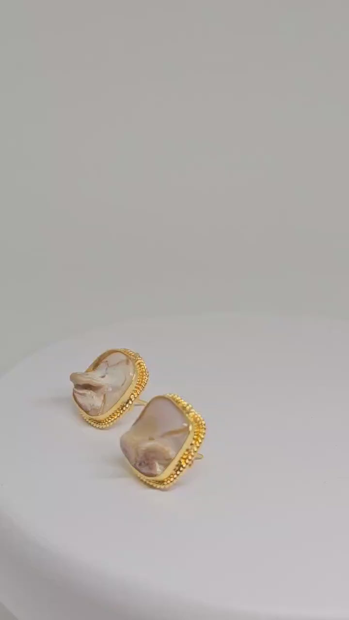 Handmade Gold-Plated Stud Earrings with Natural Mother of Pearl Shell – Elegant Women's Jewelry for Weddings, Parties, and Christmas Gift