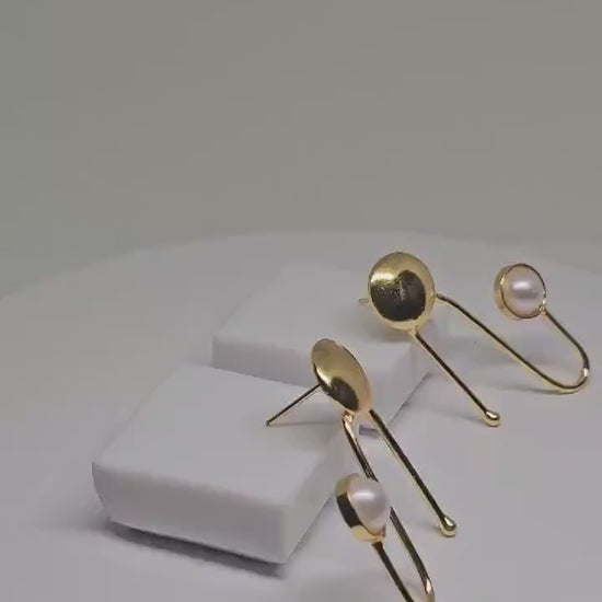 GOMETRIC MODERN EARRINGS - Gold Plated with Pearl Stone - Minimalist Design, Unique Handmade Jewelry for Women, Perfect Gift for Mom, Girl