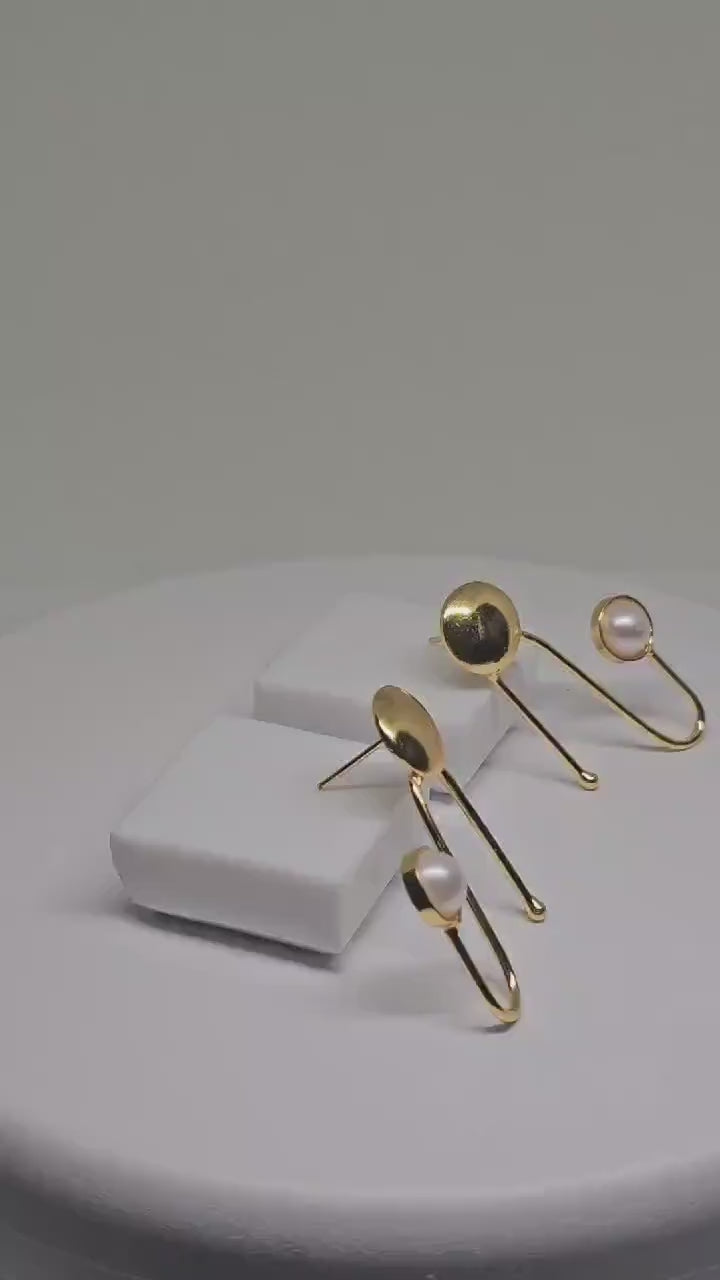 GOMETRIC MODERN EARRINGS - Gold Plated with Pearl Stone - Minimalist Design, Unique Handmade Jewelry for Women, Perfect Gift for Mom, Girl