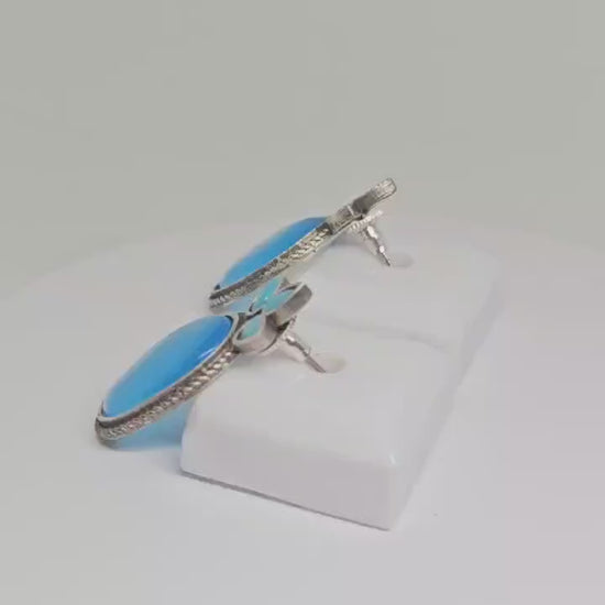 Blue Monalisa Stone Drop Earrings with Silver Finish - Boho Style Handmade Jewelry, Ethnic Indian Fashion Accessory , Leaf and Oval shaped