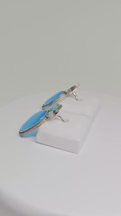 Blue Monalisa Stone Drop Earrings with Silver Finish - Boho Style Handmade Jewelry, Ethnic Indian Fashion Accessory , Leaf and Oval shaped
