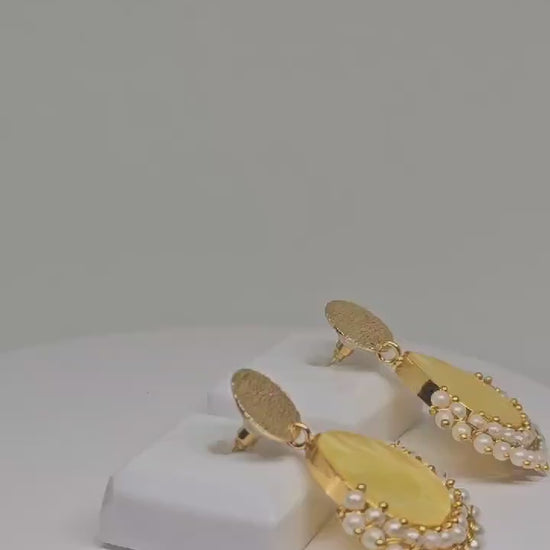 Gold Plated Brass Drop Earrings with Textured Design, Faux Pearl Beading, and Teardrop Centerpiece – Elegant Indian Pearl Jewelry for Women