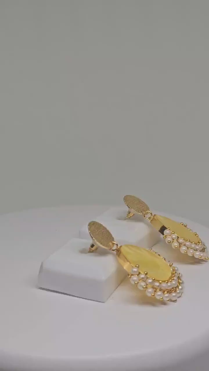 Gold Plated Brass Drop Earrings with Textured Design, Faux Pearl Beading, and Teardrop Centerpiece – Elegant Indian Pearl Jewelry for Women