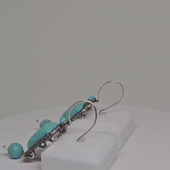 SILVER STONE EARRINGS - Handmade Tibetan Earrings, Rectangle Turquoise Stone Earrings, Earrings for Womens, Handmade Jewelry, Boho Earrings