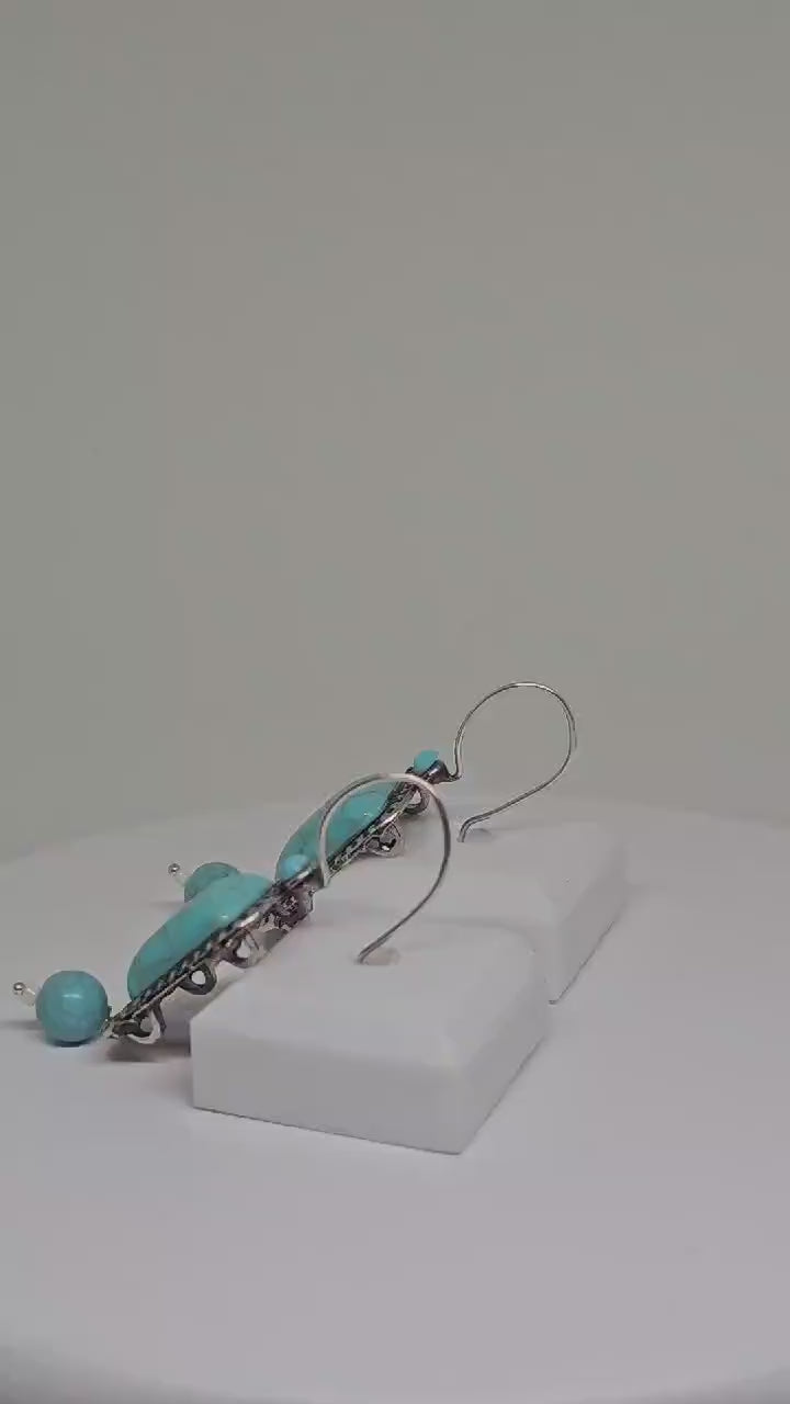 SILVER STONE EARRINGS - Handmade Tibetan Earrings, Rectangle Turquoise Stone Earrings, Earrings for Womens, Handmade Jewelry, Boho Earrings