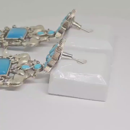 Oxidized Silver Indian Earrings with Blue Stone, Bull Motif, and Pearl Drops, Ethnic Handmade Jewelry for Women, Traditional Accessories