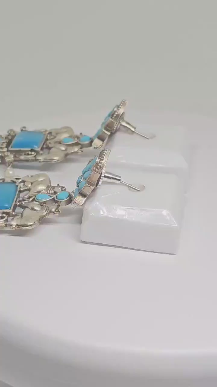 Oxidized Silver Indian Earrings with Blue Stone, Bull Motif, and Pearl Drops, Ethnic Handmade Jewelry for Women, Traditional Accessories