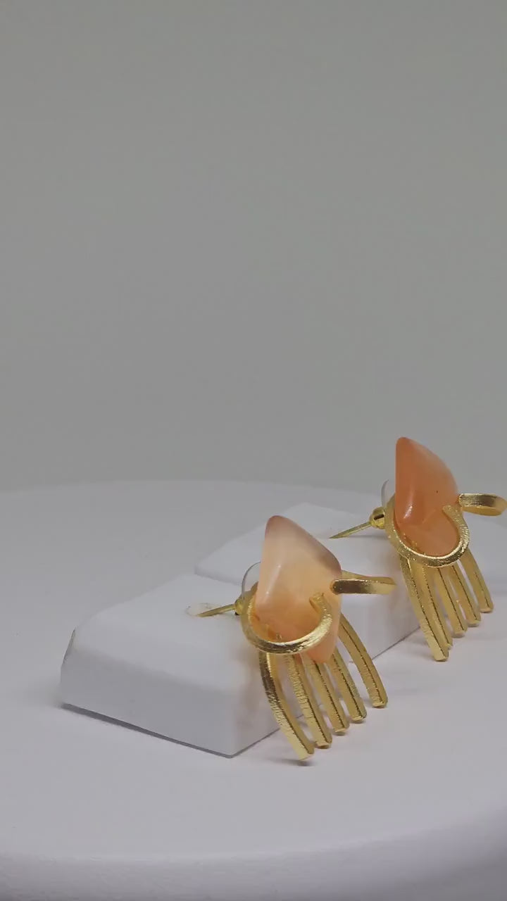 Geometric Stone Stud Earrings with Brass Fringe – Modern Handmade Jewelry in Green, Orange & Peach for Women, Golden Brass Earrings Gift