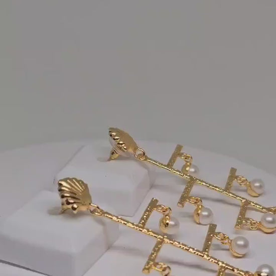 Modern Gold Plated Brass Geometric Dangle Earrings with Faux Pearl Accents and Shell-Inspired Studs, Unique Jewelry for Women, Christmas