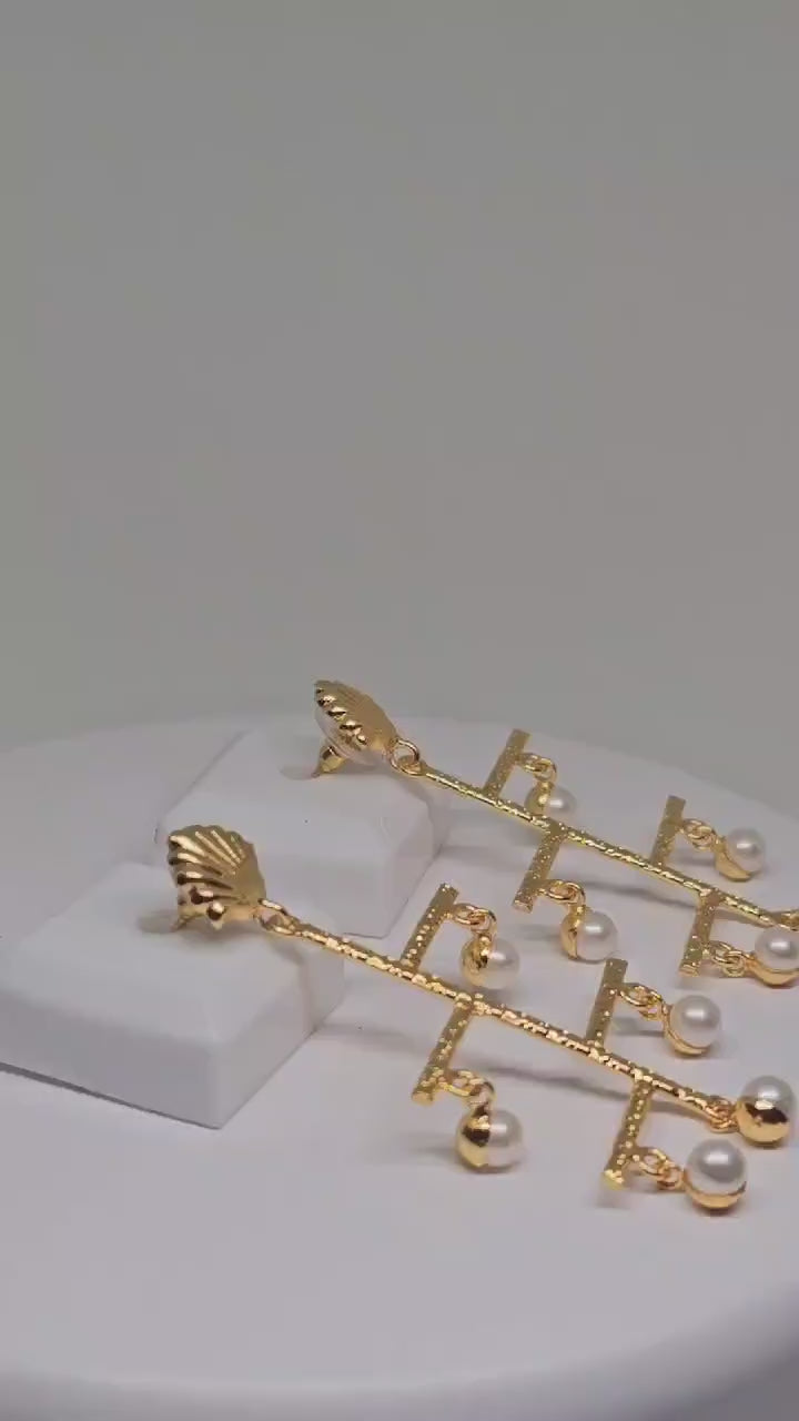 Modern Gold Plated Brass Geometric Dangle Earrings with Faux Pearl Accents and Shell-Inspired Studs, Unique Jewelry for Women, Christmas