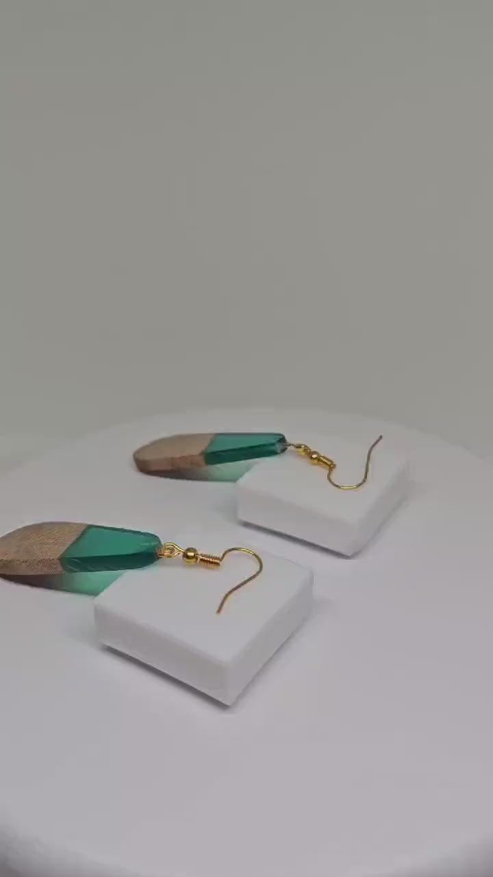 HANDMADE WOOD EARRINGS - Wood Resin Earrings, Statement Earrings, Green Resin Earring, Artistic Jewelry Gift, Womens Drop Earrings for Gifts