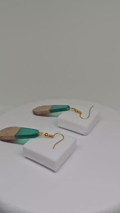 HANDMADE WOOD EARRINGS - Wood Resin Earrings, Statement Earrings, Green Resin Earring, Artistic Jewelry Gift, Womens Drop Earrings for Gifts