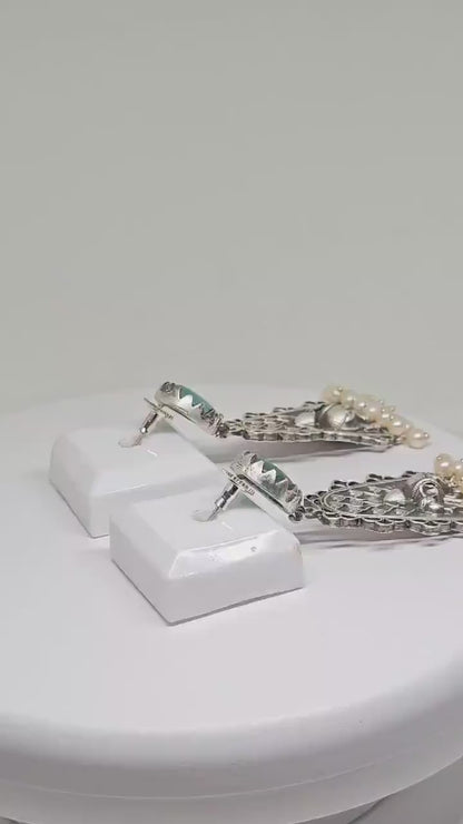 Handcrafted Silver Earrings with Mint Green Stones and Elephant Motif, Pearl Dangling Accents - Unique Bohemian Style Jewelry for Women