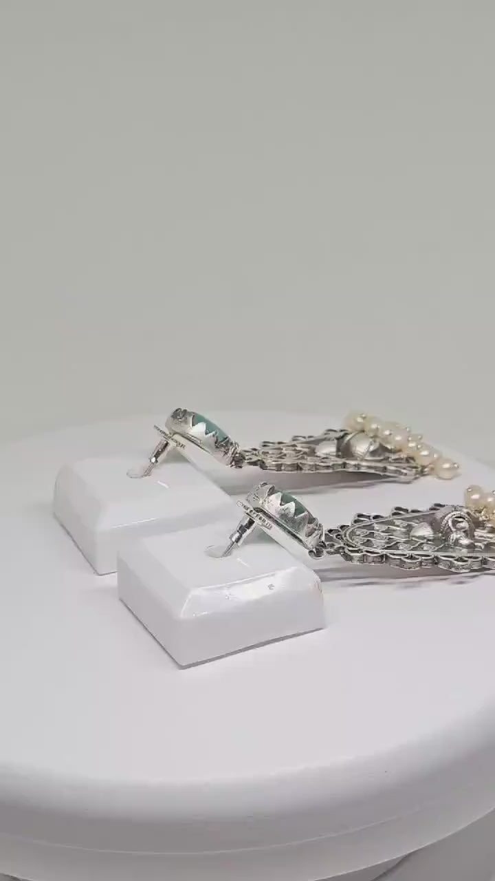 Handcrafted Silver Earrings with Mint Green Stones and Elephant Motif, Pearl Dangling Accents - Unique Bohemian Style Jewelry for Women