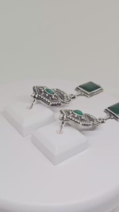 Elegant Antique Silver Tone Statement Dangle Earrings with Green Monalisa Stone, Boho Vintage Style Jewelry for Women - Fashion Accessory