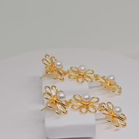 Gold Flower Pearl Drop Earrings - Boho Chic Dangle Earrings, Floral Jewelry, Elegant Gift for Her, Wedding Accessories, Brass Cute Earrings