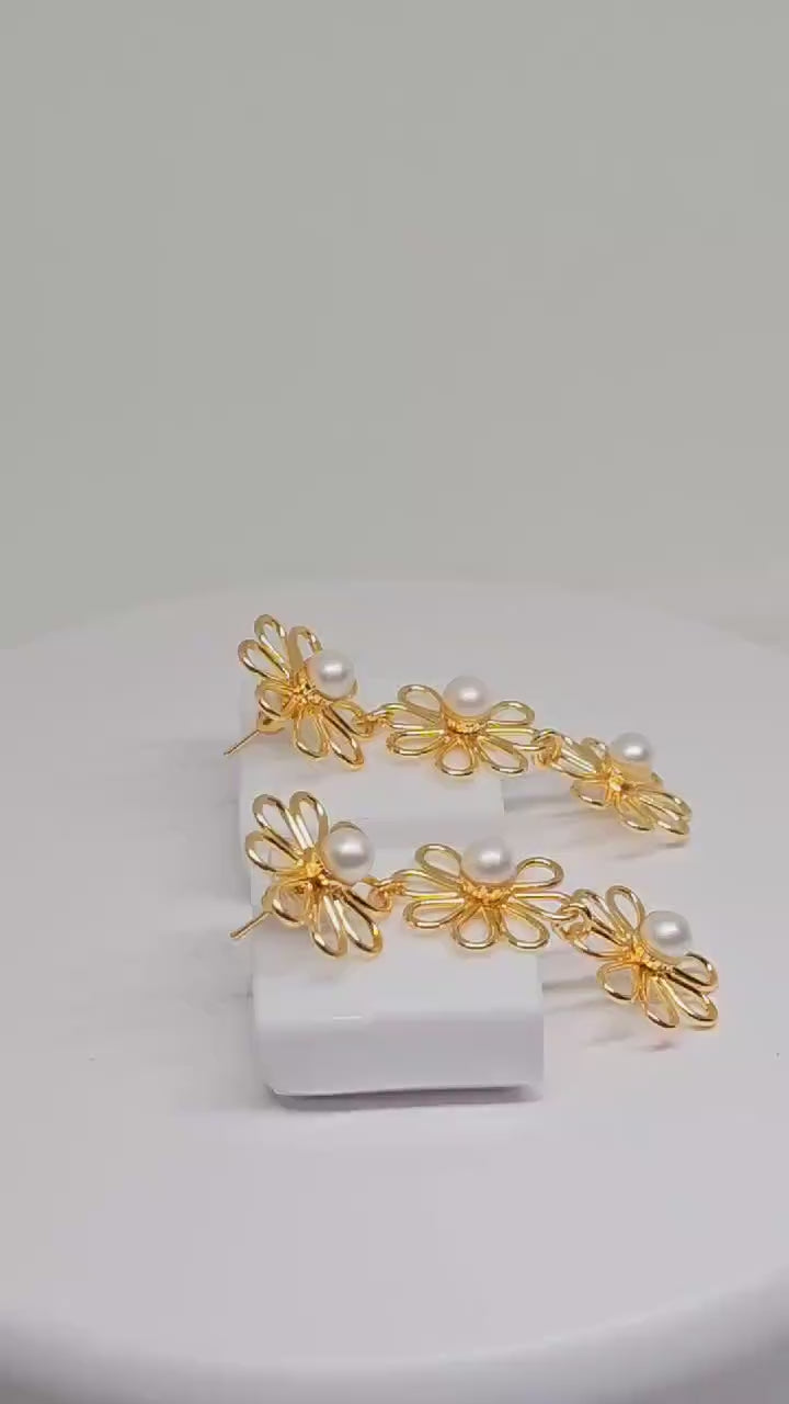 Gold Flower Pearl Drop Earrings - Boho Chic Dangle Earrings, Floral Jewelry, Elegant Gift for Her, Wedding Accessories, Brass Cute Earrings