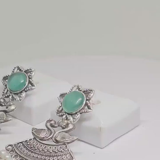 Oxidized Silver Chandbali Duck Motif Earrings with Greenish-Blue Stone and Pearl Drops, Traditional Handmade Ethnic Indian Jewelry for Women