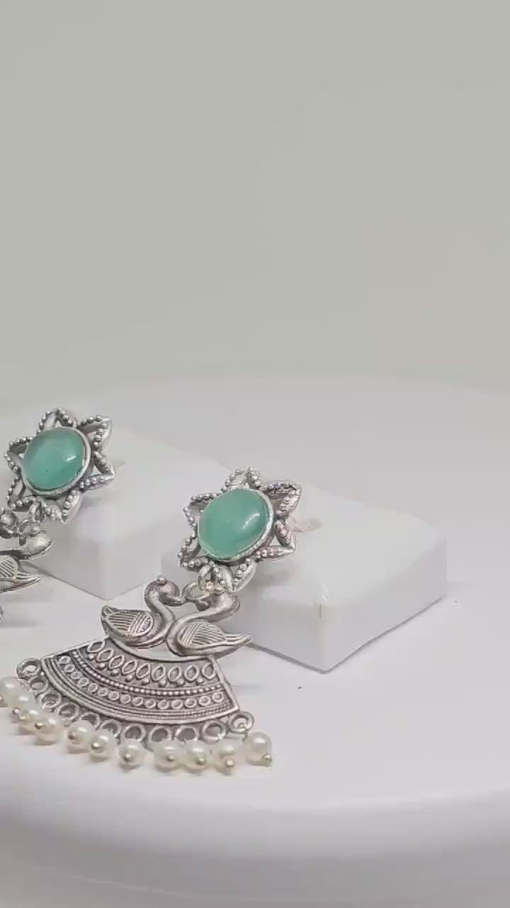 Oxidized Silver Chandbali Duck Motif Earrings with Greenish-Blue Stone and Pearl Drops, Traditional Handmade Ethnic Indian Jewelry for Women