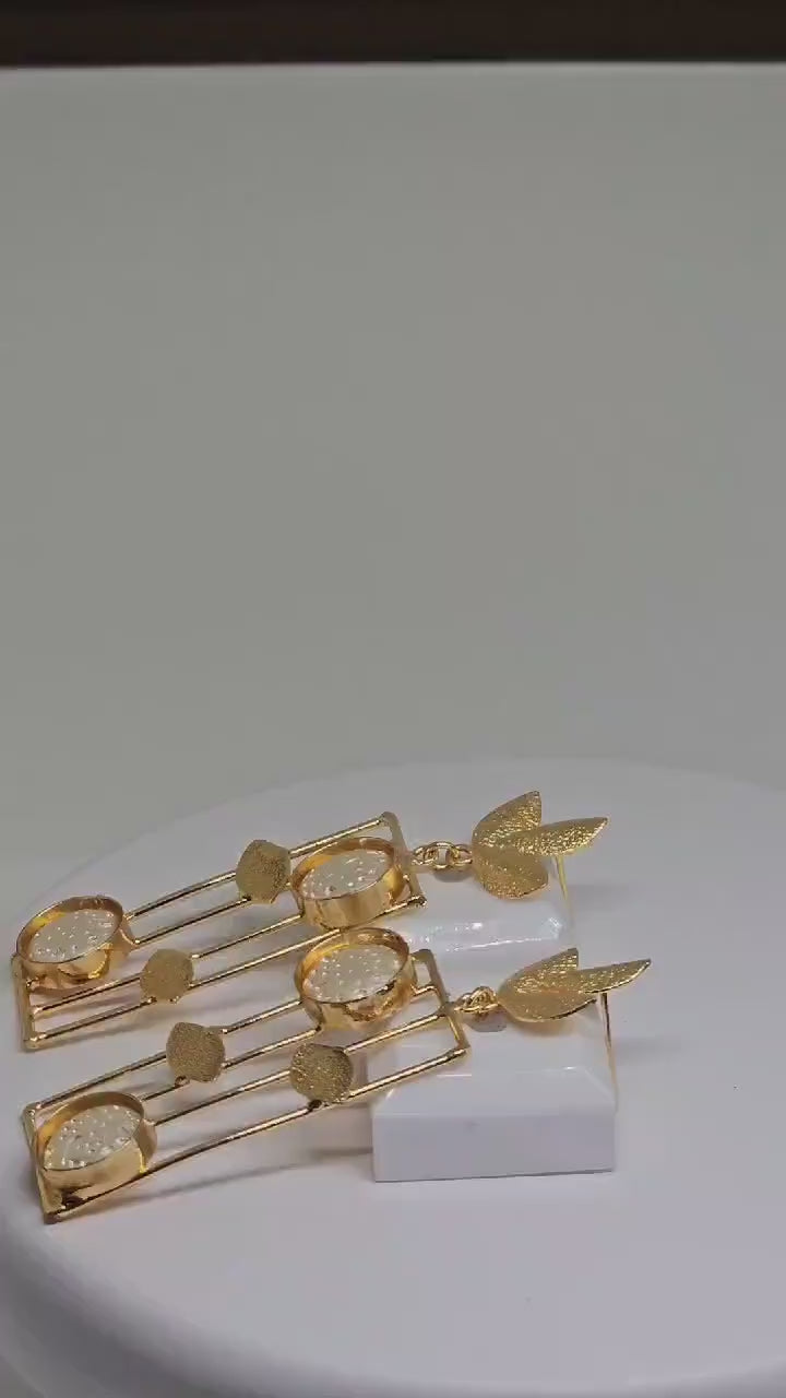 Handmade Gold Brass Leaf Drop Earrings with Geometric Design – Elegant Dangle Earrings Featuring Textured Circular Accents for Women