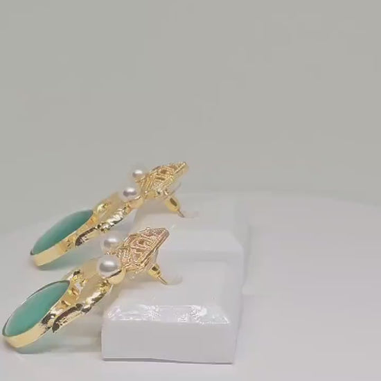 Gold Fish Design Earrings with Green Monalisa Stone – Elegant Animal-Inspired Jewelry, Pearl Accents, Lightweight Earrings for Women
