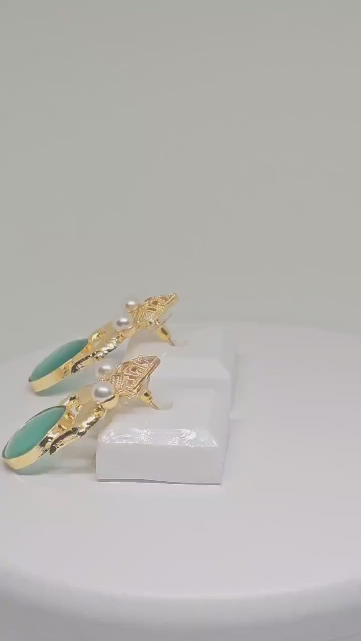 Gold Fish Design Earrings with Green Monalisa Stone – Elegant Animal-Inspired Jewelry, Pearl Accents, Lightweight Earrings for Women